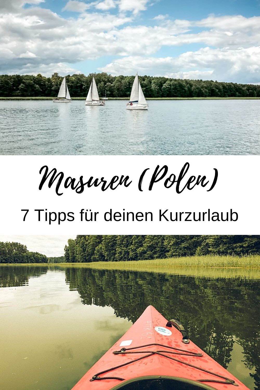 (Werbung) Hast du Lust auf Natur, Wasser und Entschleunigung? Über 2.700 Seen findest du in Masuren Polen (Mazury). Hier kannst du etwa segeln, Kajak fahren oder schwimmen. Und es gibt noch mehr Sehenswürdigkeiten und Highlights! Für ein Wochenende bin ich zur masurischen Seenplatte (Pojezierze Mazurskie) gereist. Im Reiseblog findest du meine 7 Tipps für Kurzurlaub in Masuren. / Masuren Urlaub / Polen Urlaub / Polen Reisetipps / Kurztrip Ideen / Kurzreisen Europa / Wochenendtrip / Natururlaub