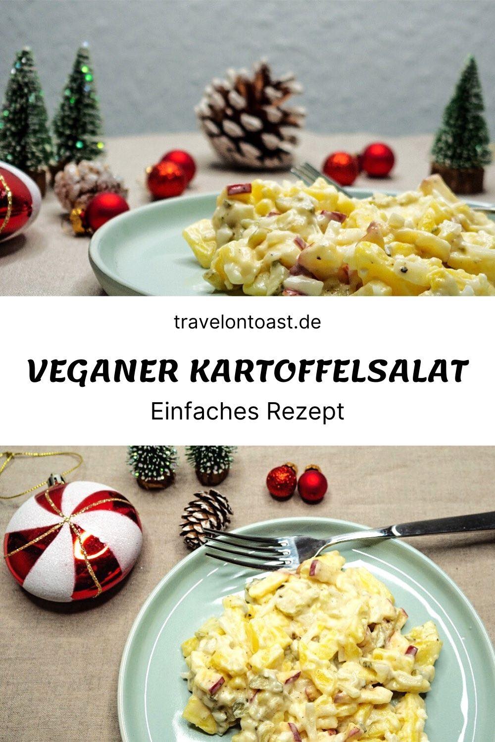 Veganer Kartoffelsalat mit Mayo, Apfel und Gewürzgurken. Das perfekte Kartoffelsalat Rezept für Weihnachten oder Silvester!