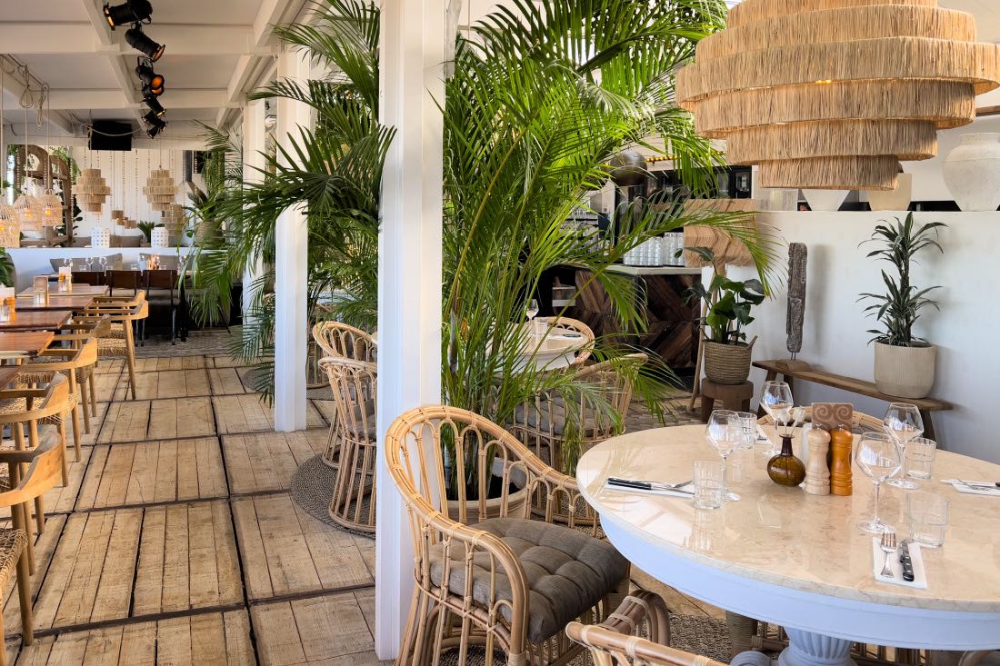 Innenraum des Strandpavillons Hippie Fish mit Palmen, Korbmöbeln und -lampen