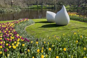 Tulpengarten Keukenhof mit Skulptur sowie gelben und lila Tulpen am See