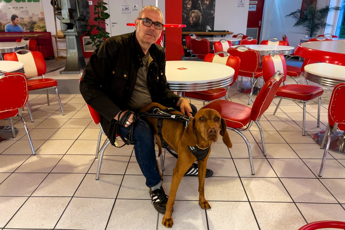 Die Snackbar im Autokino Essen ist wie ein 50er Jahre Diner mit rot-weißen Stühlen eingerichtet. Beim Kino mit Hund sitzt ein Mann mit Brille auf einem Stuhl, daneben steht ein rotbrauner Vizsla Jagdhund. 